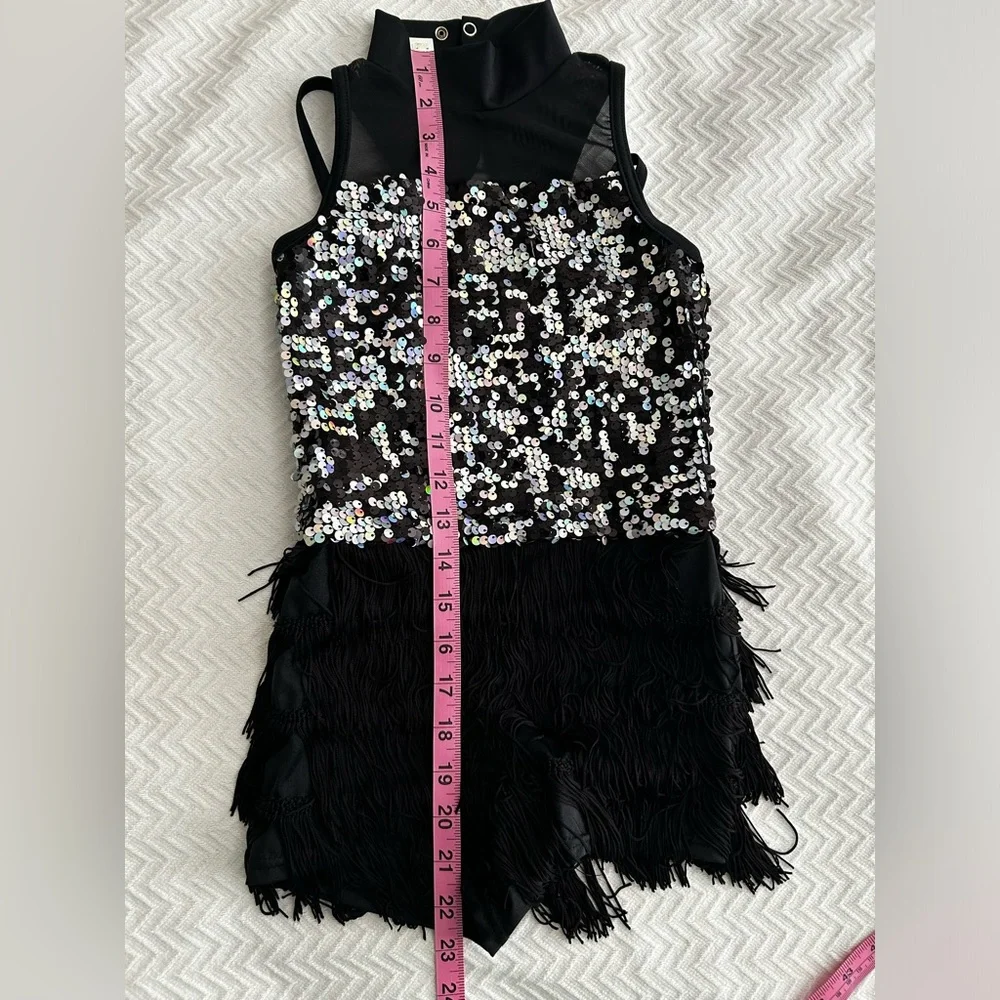 Weissman Fringe Dance Costume Black Sequined Size Medium Child Style 13329